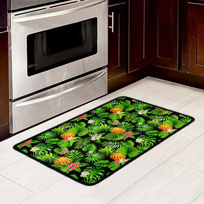 Black Hawaiian Pineapple Pattern Print Kitchen Mat