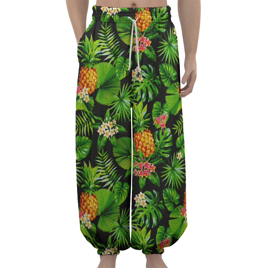Black Hawaiian Pineapple Pattern Print Lantern Pants