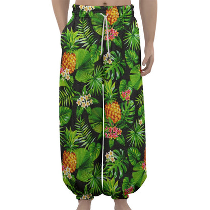 Black Hawaiian Pineapple Pattern Print Lantern Pants