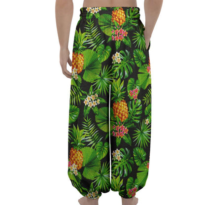 Black Hawaiian Pineapple Pattern Print Lantern Pants