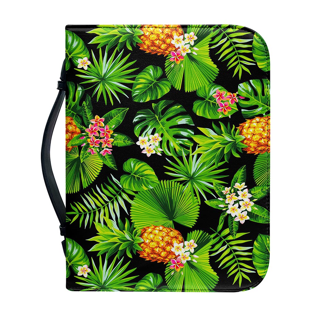 Black Hawaiian Pineapple Pattern Print Leather Bible Cover