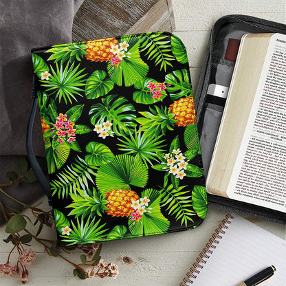 Black Hawaiian Pineapple Pattern Print Leather Bible Cover