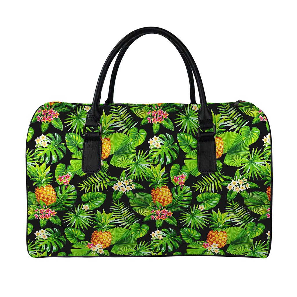 Black Hawaiian Pineapple Pattern Print Leather Duffle Bag