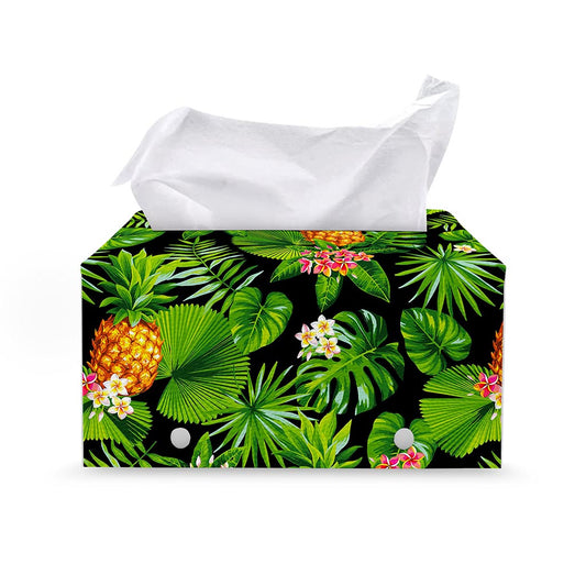 Black Hawaiian Pineapple Pattern Print Leather Tissue Box Cover