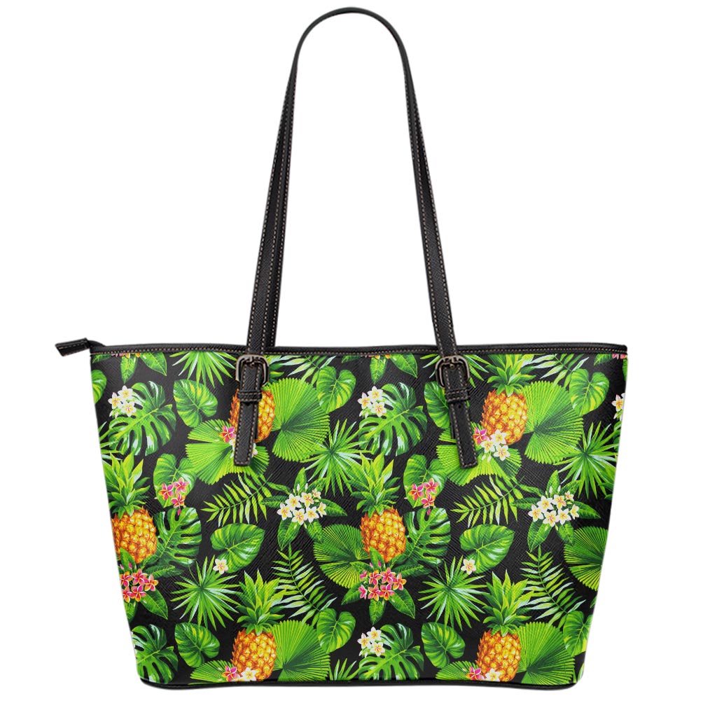 Black Hawaiian Pineapple Pattern Print Leather Tote Bag