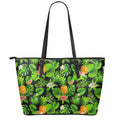Black Hawaiian Pineapple Pattern Print Leather Tote Bag With Zipper