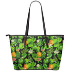 Black Hawaiian Pineapple Pattern Print Leather Tote Bag