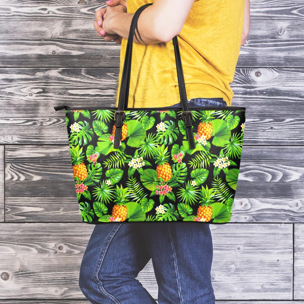 Black Hawaiian Pineapple Pattern Print Leather Tote Bag