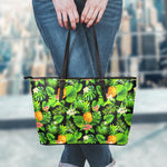 Black Hawaiian Pineapple Pattern Print Leather Tote Bag