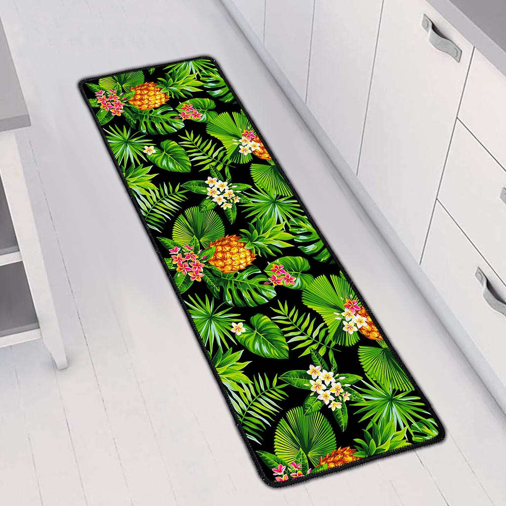 Black Hawaiian Pineapple Pattern Print Long Kitchen Mat