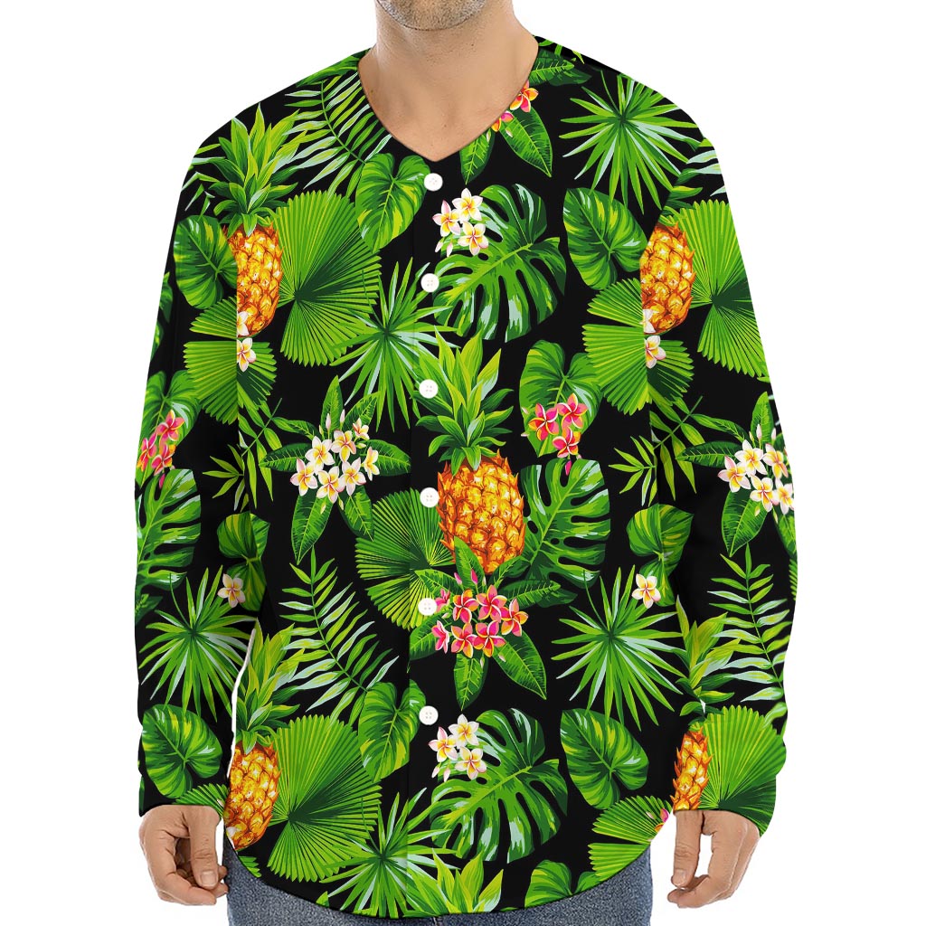 Black Hawaiian Pineapple Pattern Print Long Sleeve Baseball Jersey