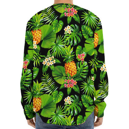 Black Hawaiian Pineapple Pattern Print Long Sleeve Baseball Jersey