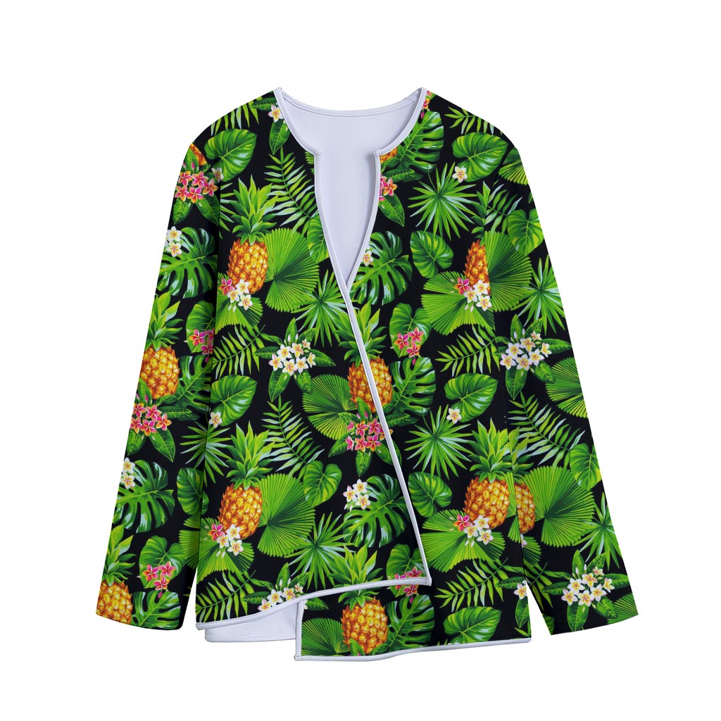 Black Hawaiian Pineapple Pattern Print Long Sleeve Short Coat