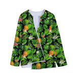 Black Hawaiian Pineapple Pattern Print Long Sleeve Short Coat