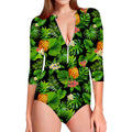 Black Hawaiian Pineapple Pattern Print Long Sleeve Swimsuit