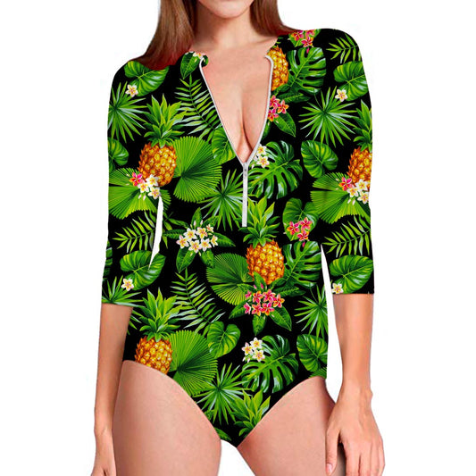 Black Hawaiian Pineapple Pattern Print Long Sleeve Swimsuit