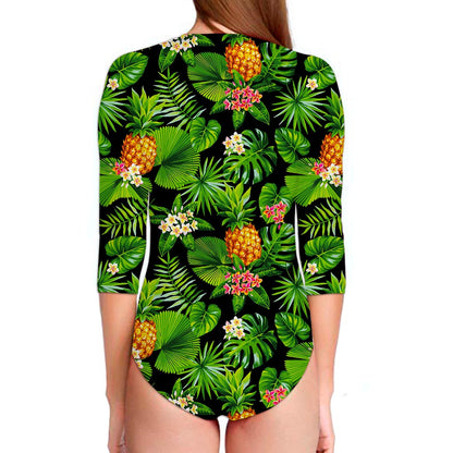 Black Hawaiian Pineapple Pattern Print Long Sleeve Swimsuit