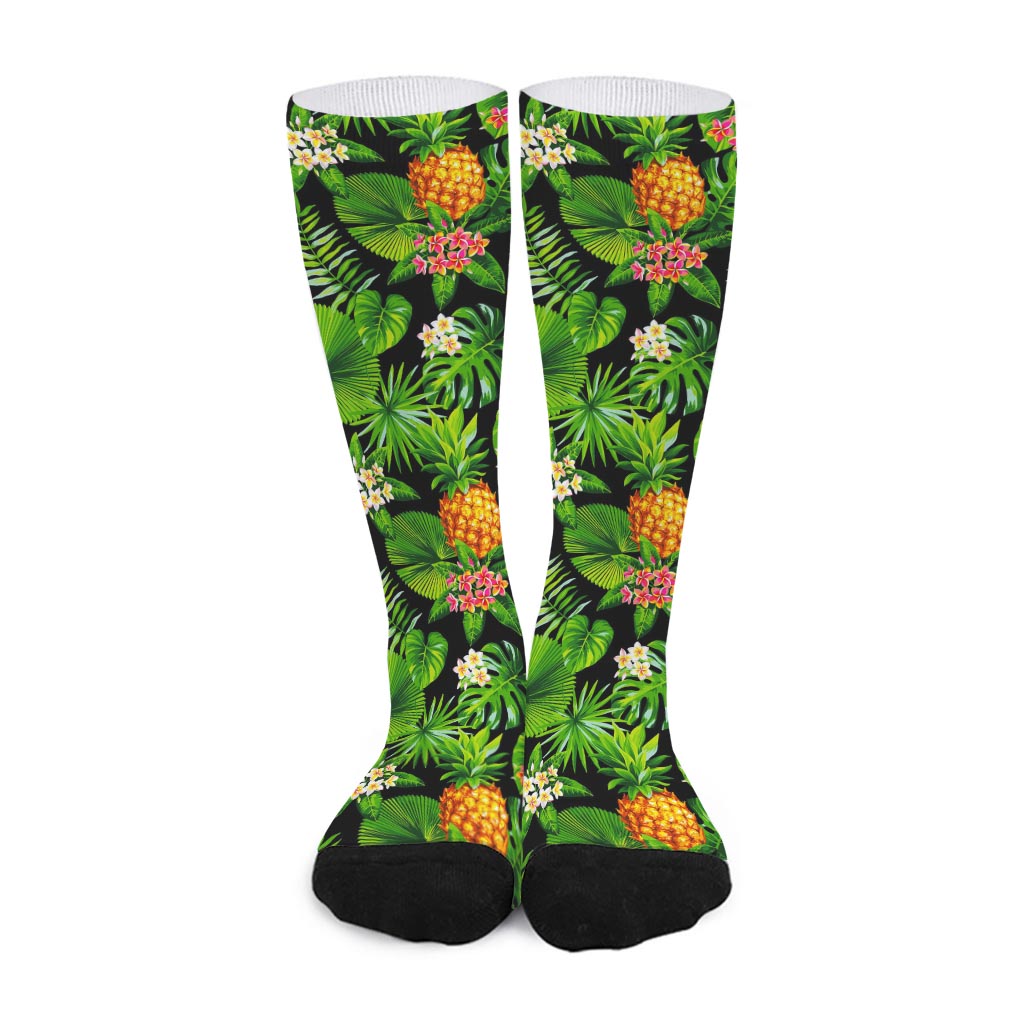 Black Hawaiian Pineapple Pattern Print Long Socks