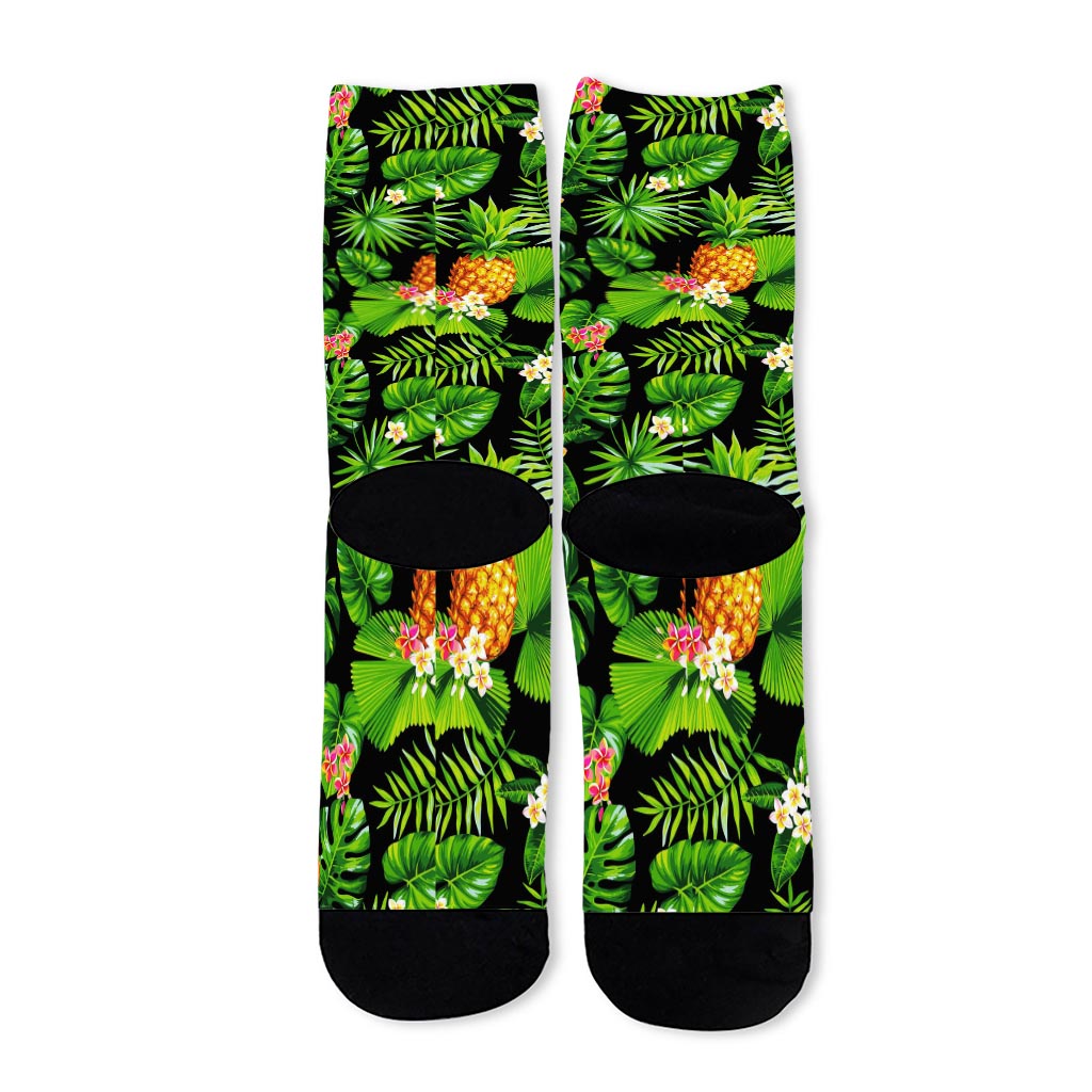 Black Hawaiian Pineapple Pattern Print Long Socks