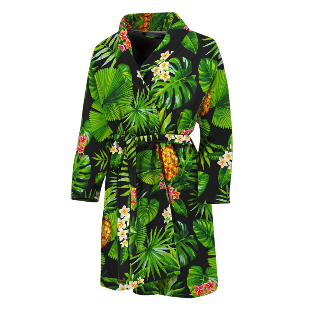 Black Hawaiian Pineapple Pattern Print Men's Bathrobe