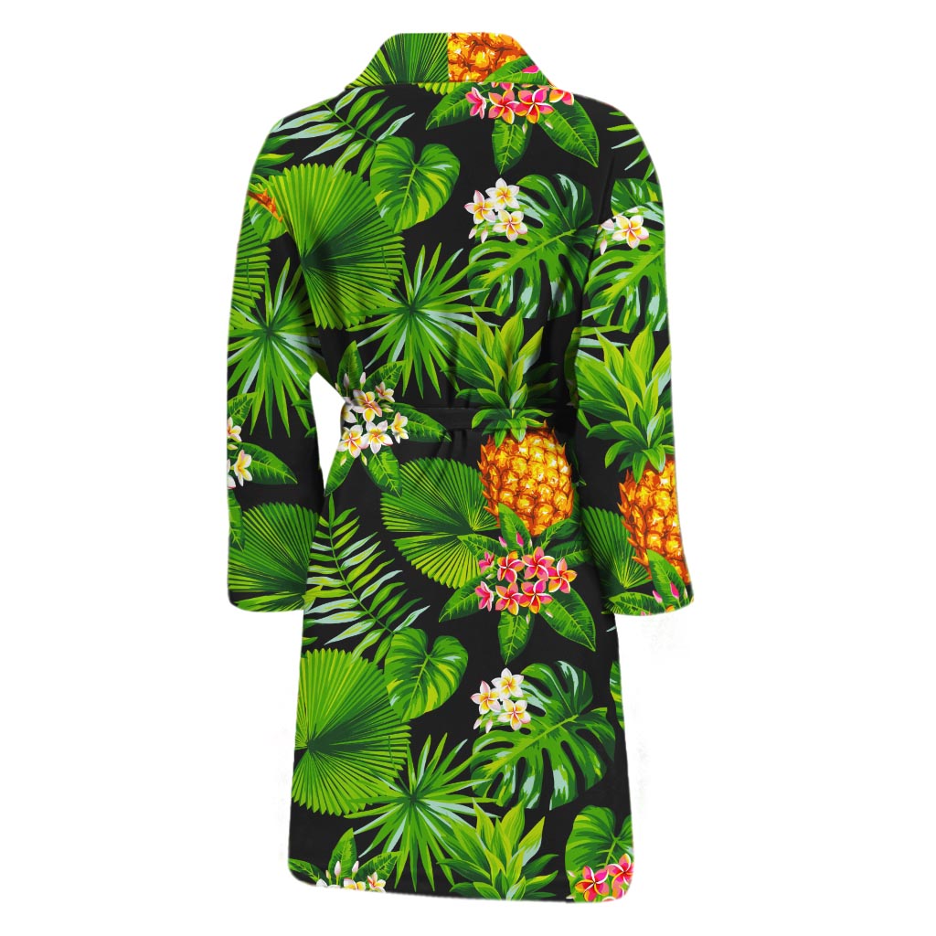 Black Hawaiian Pineapple Pattern Print Men's Bathrobe