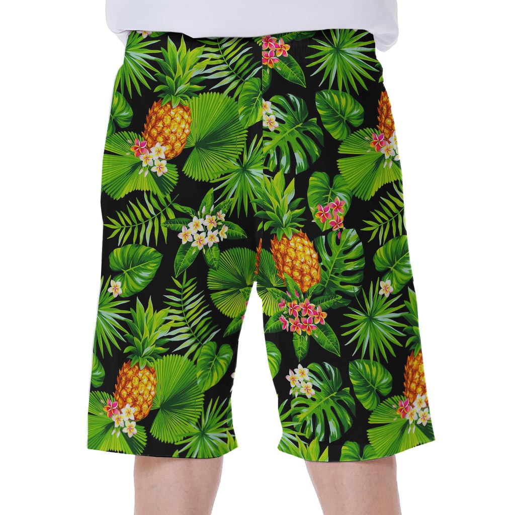 Black Hawaiian Pineapple Pattern Print Men's Beach Shorts