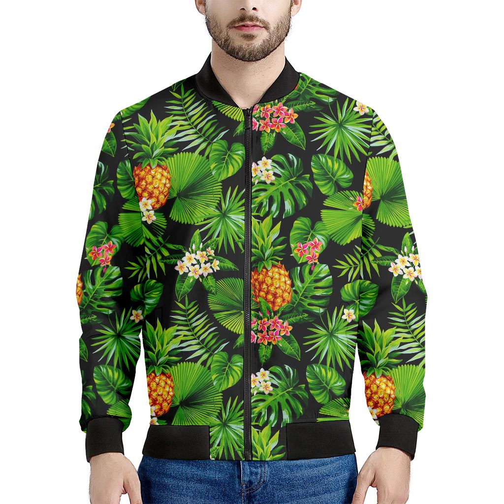 Black Hawaiian Pineapple Pattern Print Men's Bomber Jacket