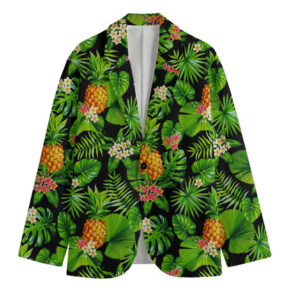 Black Hawaiian Pineapple Pattern Print Men's Cotton Blazer