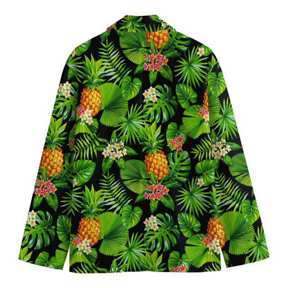 Black Hawaiian Pineapple Pattern Print Men's Cotton Blazer
