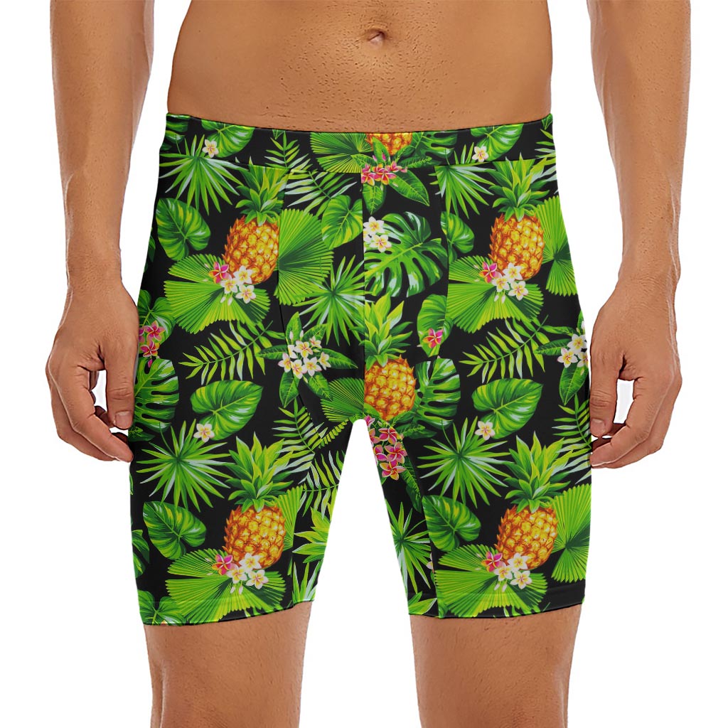 Black Hawaiian Pineapple Pattern Print Men's Long Boxer Briefs