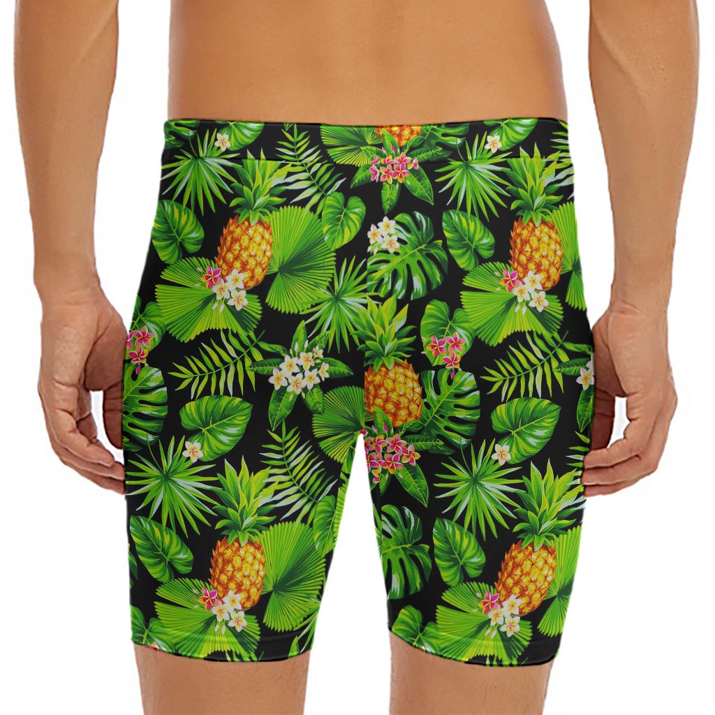 Black Hawaiian Pineapple Pattern Print Men's Long Boxer Briefs