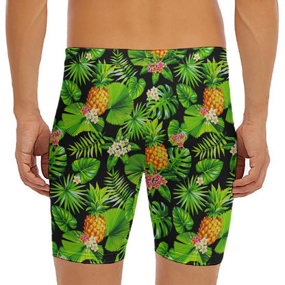 Black Hawaiian Pineapple Pattern Print Men's Long Boxer Briefs
