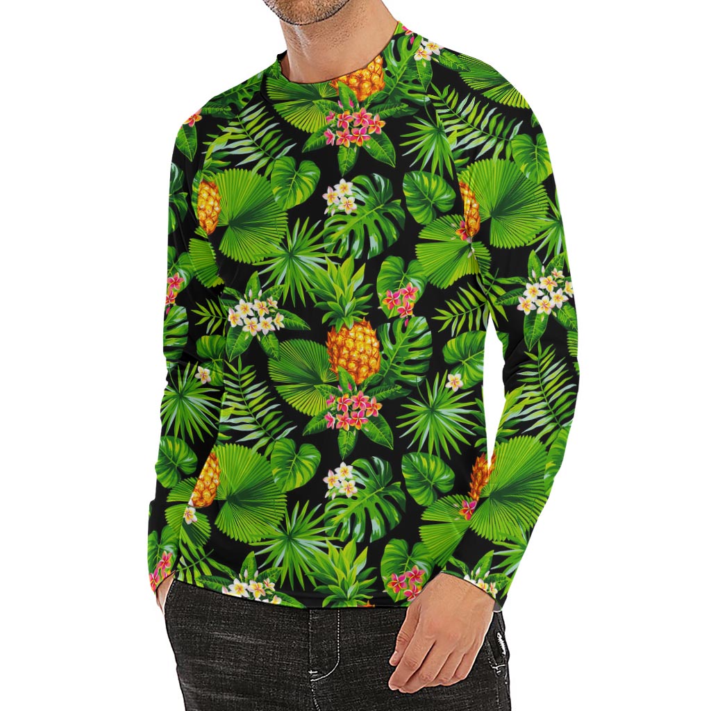 Black Hawaiian Pineapple Pattern Print Men's Long Sleeve Rash Guard