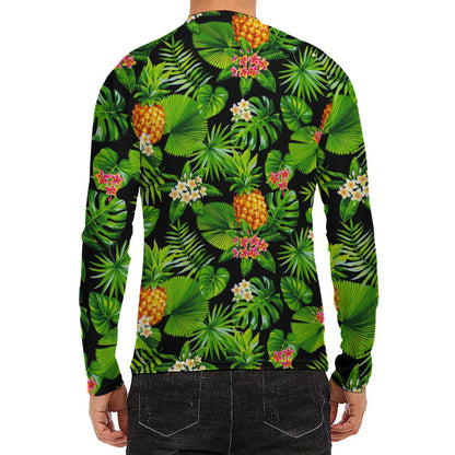 Black Hawaiian Pineapple Pattern Print Men's Long Sleeve Rash Guard