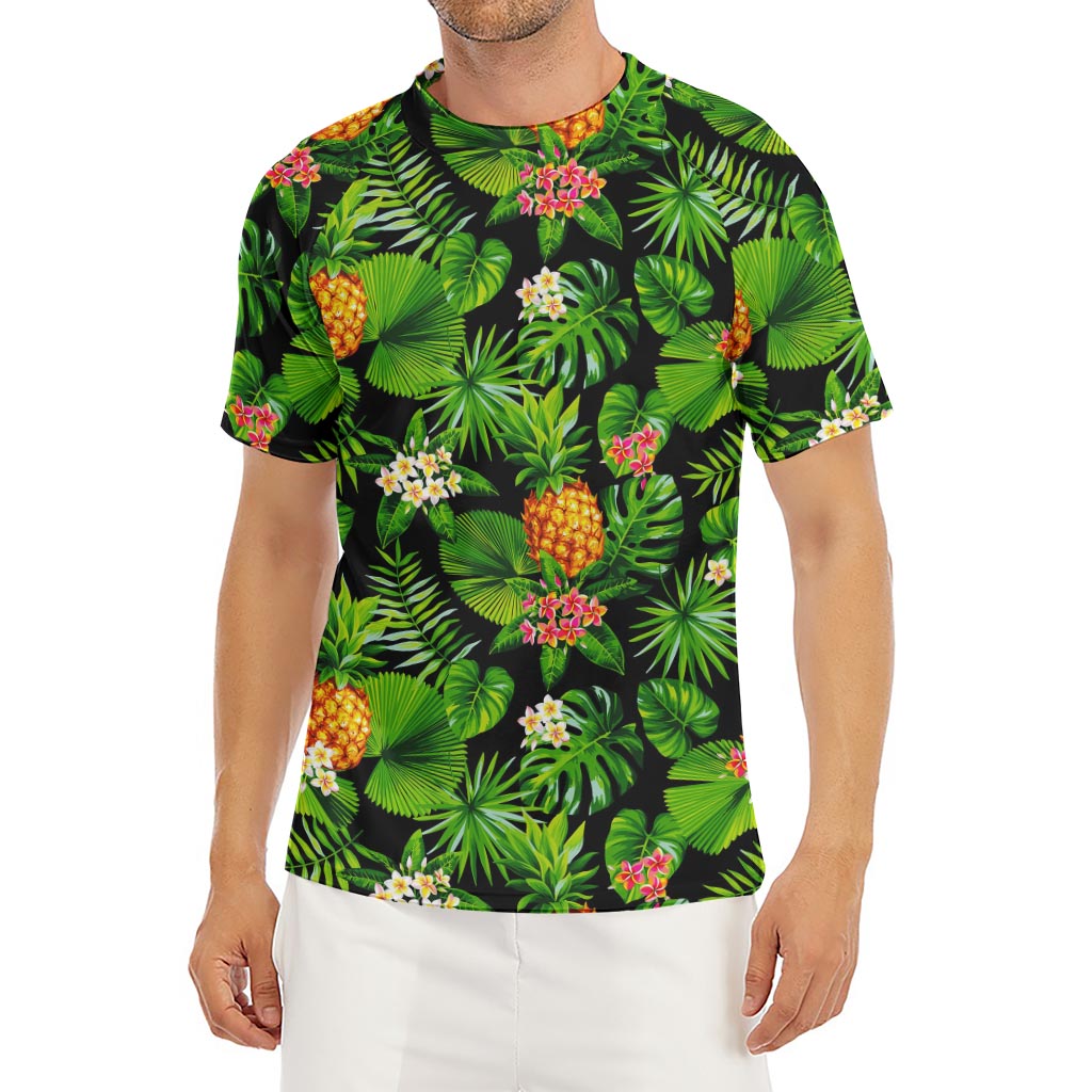 Black Hawaiian Pineapple Pattern Print Men's Short Sleeve Rash Guard