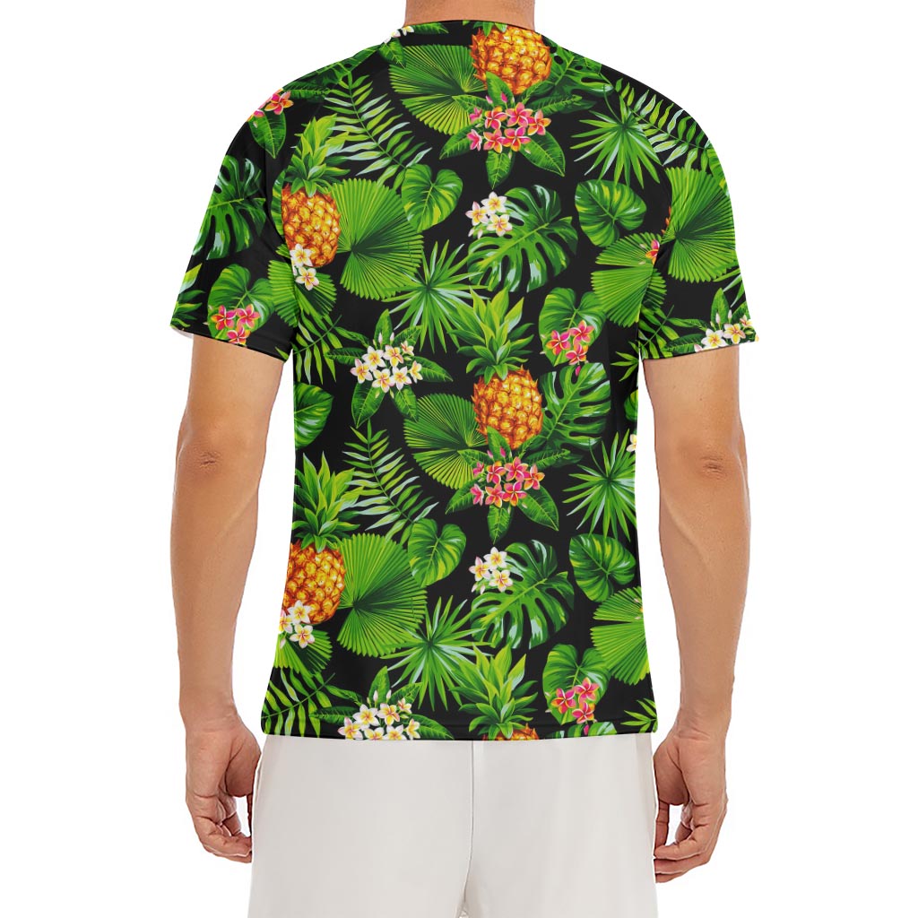 Black Hawaiian Pineapple Pattern Print Men's Short Sleeve Rash Guard