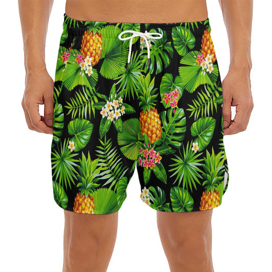 Black Hawaiian Pineapple Pattern Print Men's Split Running Shorts