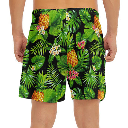 Black Hawaiian Pineapple Pattern Print Men's Split Running Shorts