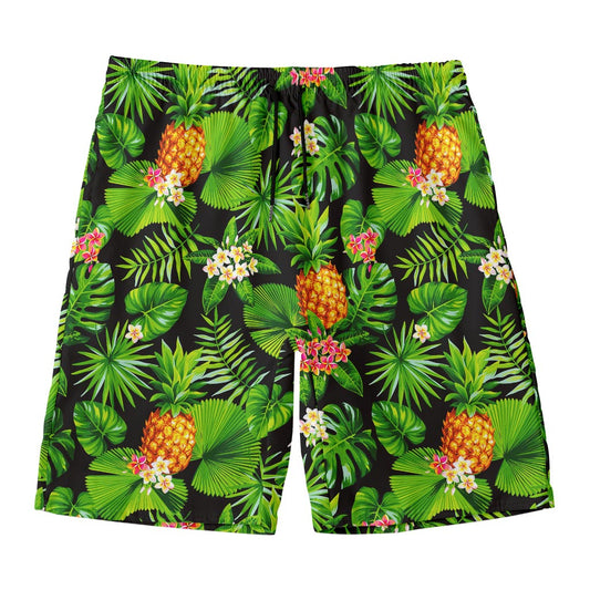 Black Hawaiian Pineapple Pattern Print Men's Swim Trunks