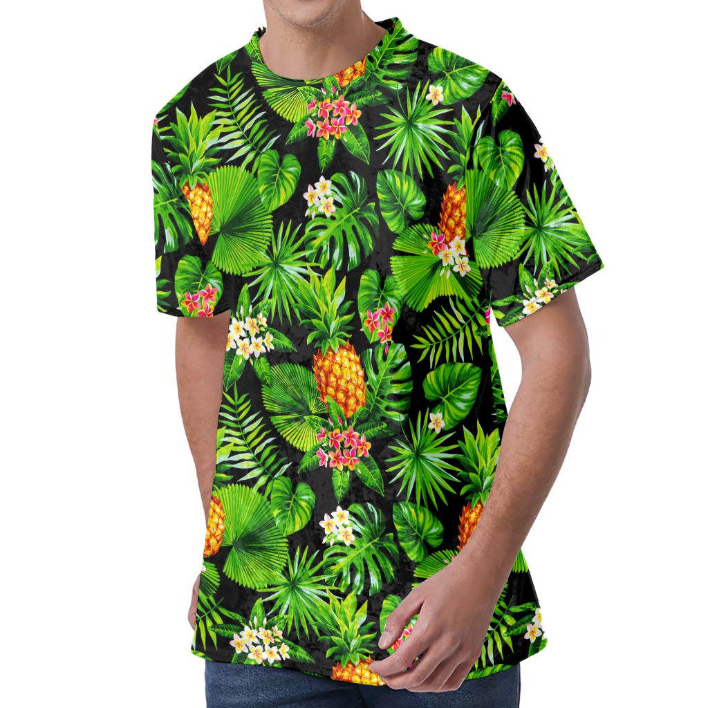 Black Hawaiian Pineapple Pattern Print Men's Velvet T-Shirt