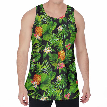Black Hawaiian Pineapple Pattern Print Men's Velvet Tank Top