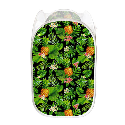Black Hawaiian Pineapple Pattern Print Mesh Laundry Hamper