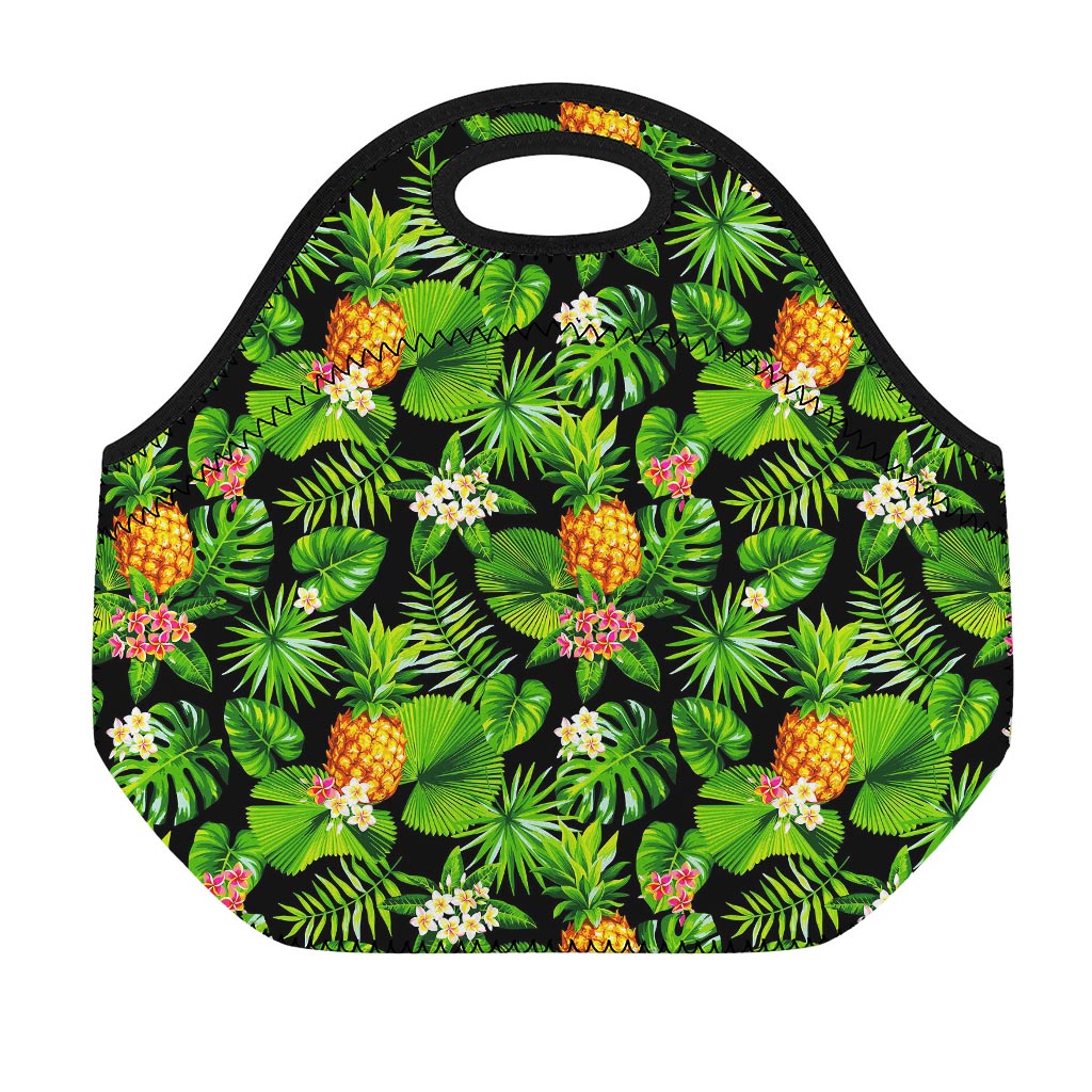 Black Hawaiian Pineapple Pattern Print Neoprene Lunch Bag