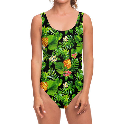 Black Hawaiian Pineapple Pattern Print One Piece Swimsuit