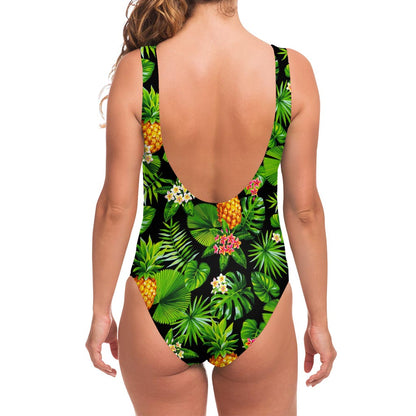 Black Hawaiian Pineapple Pattern Print One Piece Swimsuit