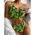 Black Hawaiian Pineapple Pattern Print One Shoulder Bikini Set