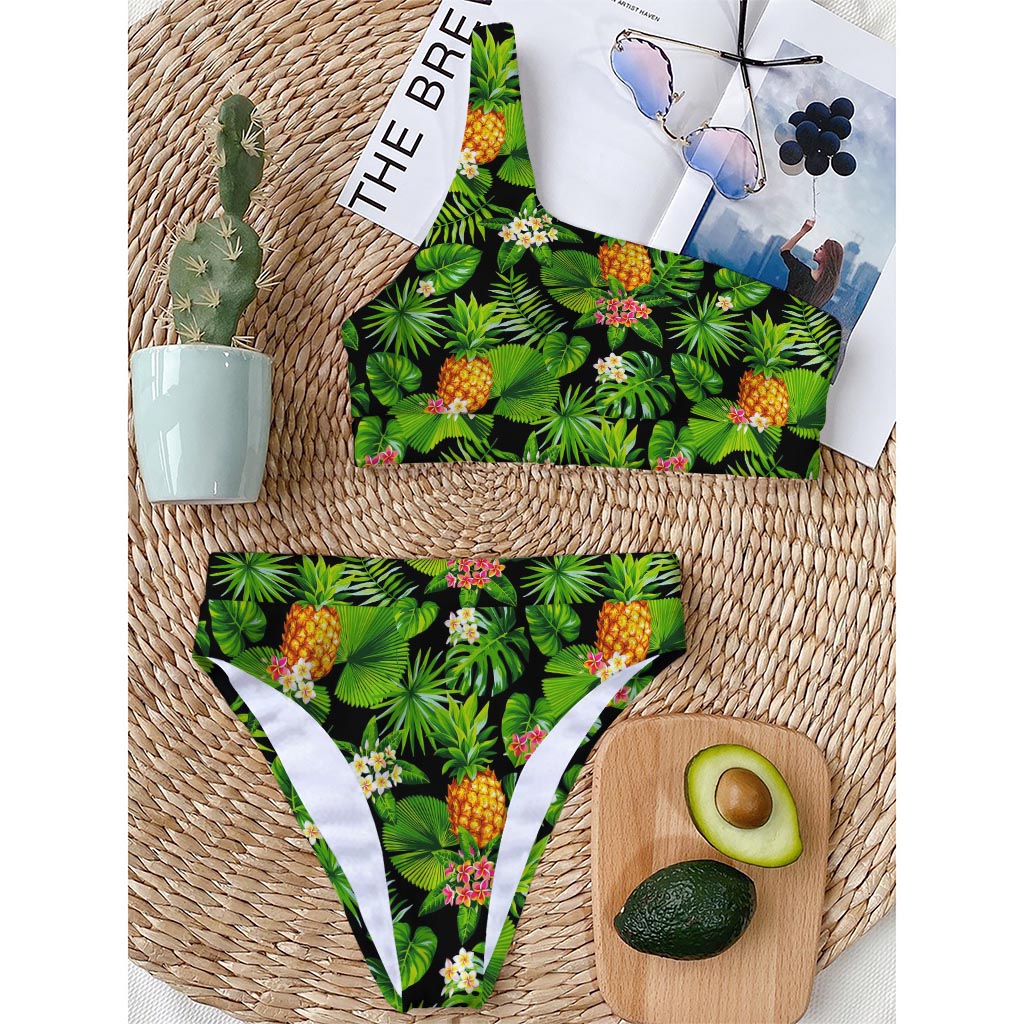 Black Hawaiian Pineapple Pattern Print One Shoulder Bikini Top