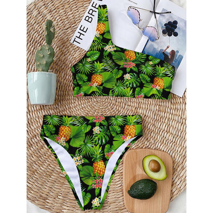 Black Hawaiian Pineapple Pattern Print One Shoulder Bikini Top