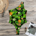 Black Hawaiian Pineapple Pattern Print One Shoulder Bodysuit