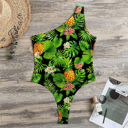 Black Hawaiian Pineapple Pattern Print One Shoulder Bodysuit